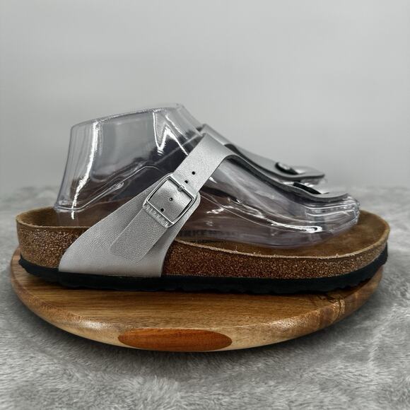 Birkenstock Sandals Womens 39 Gizeh Thong Silver Metallic Buckle Toe Post Flats - Picture 3 of 12